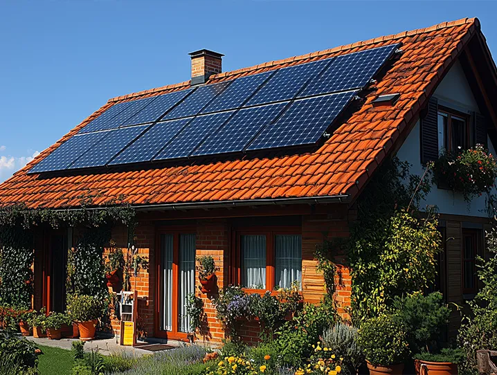 Haus mit PV-Anlage auf Dach, Finanzierung Solaranlagen, Photovoltaik KfW-Förderung, Finanzierung erneuerbarer Energien